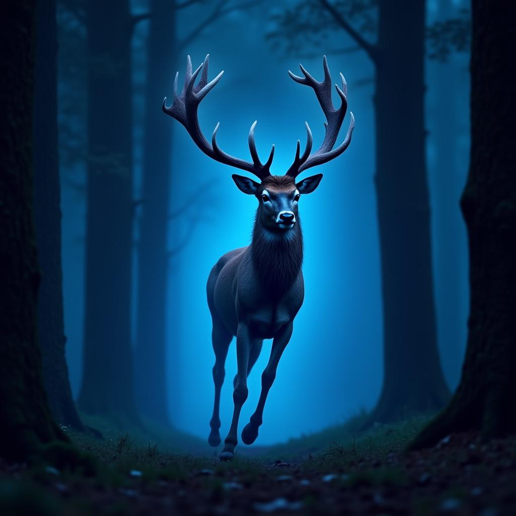  good quality, high quality, a glowing blue stag leaping through a forest