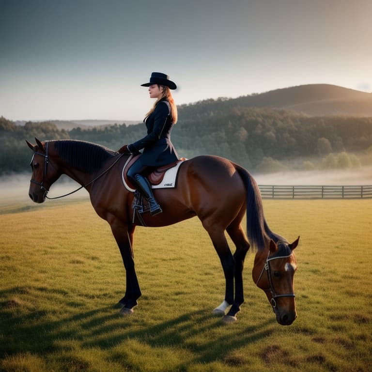  landscape And horse with an hat hyperrealistic, full body, detailed clothing, highly detailed, cinematic lighting, stunningly beautiful, intricate, sharp focus, f/1. 8, 85mm, (centered image composition), (professionally color graded), ((bright soft diffused light)), volumetric fog, trending on instagram, trending on tumblr, HDR 4K, 8K