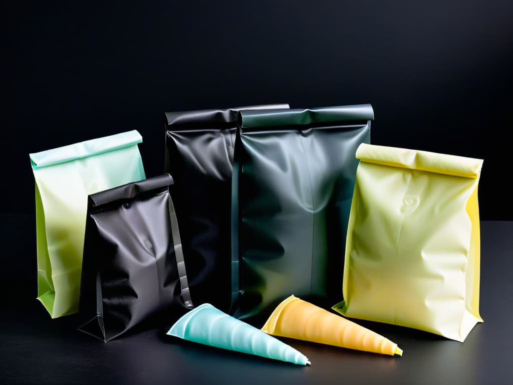  An elegantly minimalistic image featuring a set of reusable pastry bags in various sizes and colors, neatly arranged on a sleek, matte black surface. Each bag is impeccably clean and shows subtle hints of pastelcolored frosting peeking out from the tips, hinting at their purpose. The soft, diffused lighting highlights the smooth texture of the bags and creates a sense of calm and precision, perfectly capturing the essence of sustainable and professional pastry decoration tools. hyperrealistic, full body, detailed clothing, highly detailed, cinematic lighting, stunningly beautiful, intricate, sharp focus, f/1. 8, 85mm, (centered image composition), (professionally color graded), ((bright soft diffused light)), volumetric fog, trending on instagram, trending on tumblr, HDR 4K, 8K