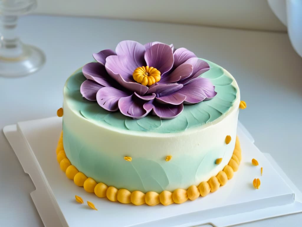  A closeup, ultradetailed photograph of a beautifully crafted, intricate sugar flower adorning an elegant gourmet cake. The flower features delicate petals with lifelike texture and subtle shading, showcasing the artistry and precision of highend pastry design. The image captures the meticulous detail and craftsmanship involved in creating exquisite desserts, appealing to the professional and aspiring pastry chefs seeking inspiration in the world of fine pastry art. hyperrealistic, full body, detailed clothing, highly detailed, cinematic lighting, stunningly beautiful, intricate, sharp focus, f/1. 8, 85mm, (centered image composition), (professionally color graded), ((bright soft diffused light)), volumetric fog, trending on instagram, trending on tumblr, HDR 4K, 8K