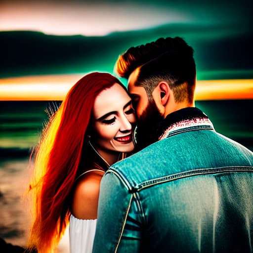  woman with red hair and emerald green eyes and white dress, man with brown hair and beard with blue eyes denim jacket, couple embracing in front of the ocean at night.