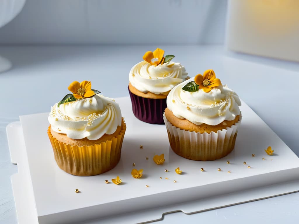  A closeup, ultradetailed image of a perfectly frosted cupcake adorned with delicate edible flowers and shimmering gold leaf, set against a sleek, modern marble backdrop, showcasing the intricate details and craftsmanship of augmented reality baking. hyperrealistic, full body, detailed clothing, highly detailed, cinematic lighting, stunningly beautiful, intricate, sharp focus, f/1. 8, 85mm, (centered image composition), (professionally color graded), ((bright soft diffused light)), volumetric fog, trending on instagram, trending on tumblr, HDR 4K, 8K