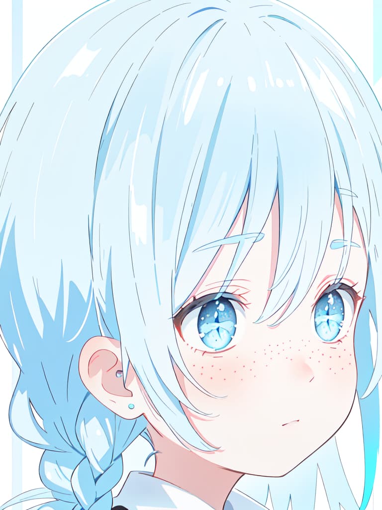  Braid, Light Blue and White Hair, turn around, freckles, WHITE EYE, background is blue, profile, masterpiece, best quality,8k,ultra detailed,high resolution,an extremely delicate and beautiful,hyper detail