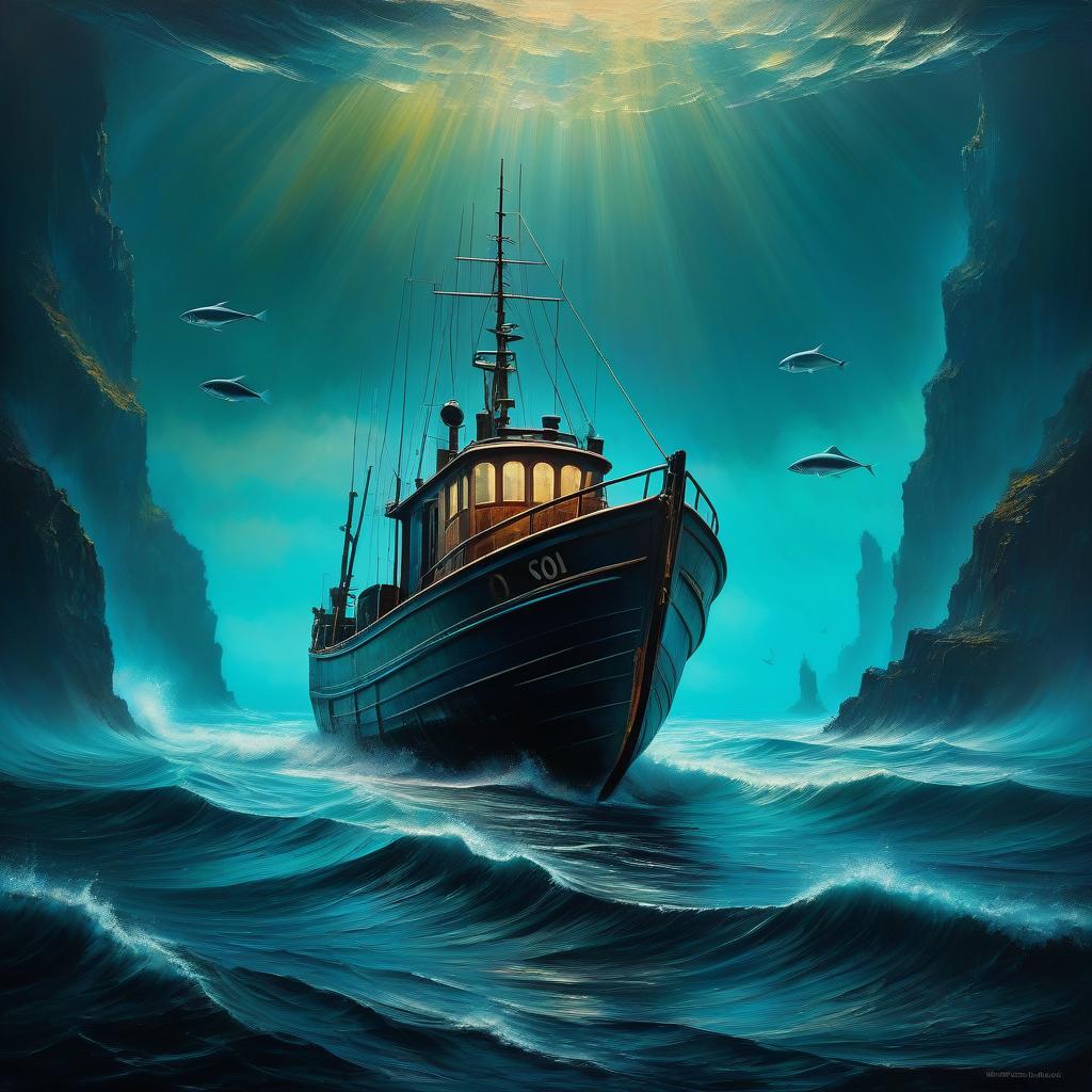  film noir style Pop surrealism, fishing boat in the abyss of the sea, oil painting, highly detailed image with double exposure and overlay of textures and layers. Distant background. Gorgeous, saturated. A background of bright revolutionary tones: surrealist abstractionism. Use of the entire color palette. Subtle patterns of mysticism and magic. Stylistics: neorococo, fantasy abstraction, surrealism, mystery. High quality. . monochrome, high contrast, dramatic shadows, 1940s style, mysterious, cinematic hyperrealistic, full body, detailed clothing, highly detailed, cinematic lighting, stunningly beautiful, intricate, sharp focus, f/1. 8, 85mm, (centered image composition), (professionally color graded), ((bright soft diffused light)), volumetric fog, trending on instagram, trending on tumblr, HDR 4K, 8K