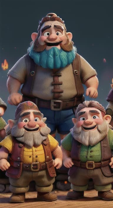  {Dwarves sitting around a crackling campfire, one dwarf animatedly telling a story while others listen intently and laugh., Dwarves are short, with bushy beards and rosy cheeks. They wear colorful tunics, pointy hats, and sturdy boots. They have twinkling eyes and joyful smiles.