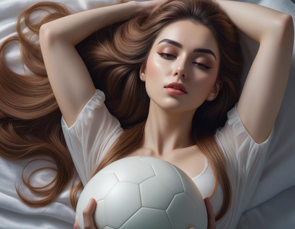  Long haired girl lies on her back and holds a ball. hyperrealistic, full body, detailed clothing, highly detailed, cinematic lighting, stunningly beautiful, intricate, sharp focus, f/1. 8, 85mm, (centered image composition), (professionally color graded), ((bright soft diffused light)), volumetric fog, trending on instagram, trending on tumblr, HDR 4K, 8K