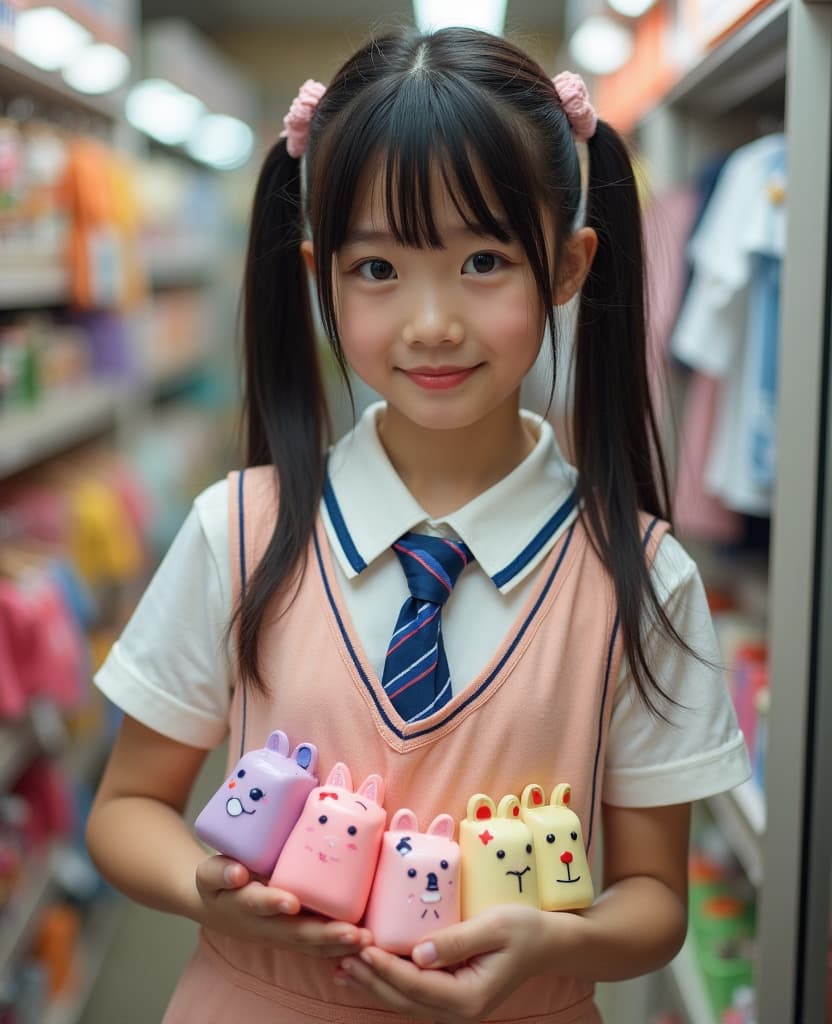  good quality, high quality, real half body photograph of a beautiful japanese 5th grade girl, skinny with a flat , dark hair with long cute twintails, wearing a skimpy japanese uniform that shows her midriff and , working as a clerk in a used show, holding multiple pair of cute of pastel colors with animals drawn on them. real photo, professional photograph, 4k, detailed, 85mm lens