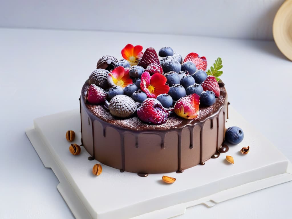  A minimalist image of a beautifully decorated, guiltfree vegan chocolate cake topped with fresh berries, nuts, and edible flowers, set on a sleek, white marble cake stand. The cake is intricately garnished with delicate chocolate swirls and gold leaf accents, showcasing a perfect balance of indulgence and healthconscious ingredients. The background is softly blurred, emphasizing the elegant simplicity and vibrant colors of the dessert, making it an enticing focal point for healthconscious bakers and aspiring pastry chefs looking to elevate their skills in the realm of healthy baking. hyperrealistic, full body, detailed clothing, highly detailed, cinematic lighting, stunningly beautiful, intricate, sharp focus, f/1. 8, 85mm, (centered image composition), (professionally color graded), ((bright soft diffused light)), volumetric fog, trending on instagram, trending on tumblr, HDR 4K, 8K