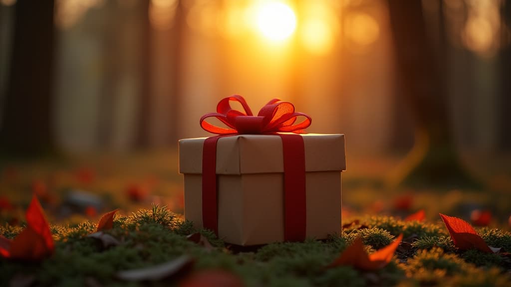  good quality, high quality, decorative gift box with a ribbon placed on a forest floor during sunset, symbolizing surprise