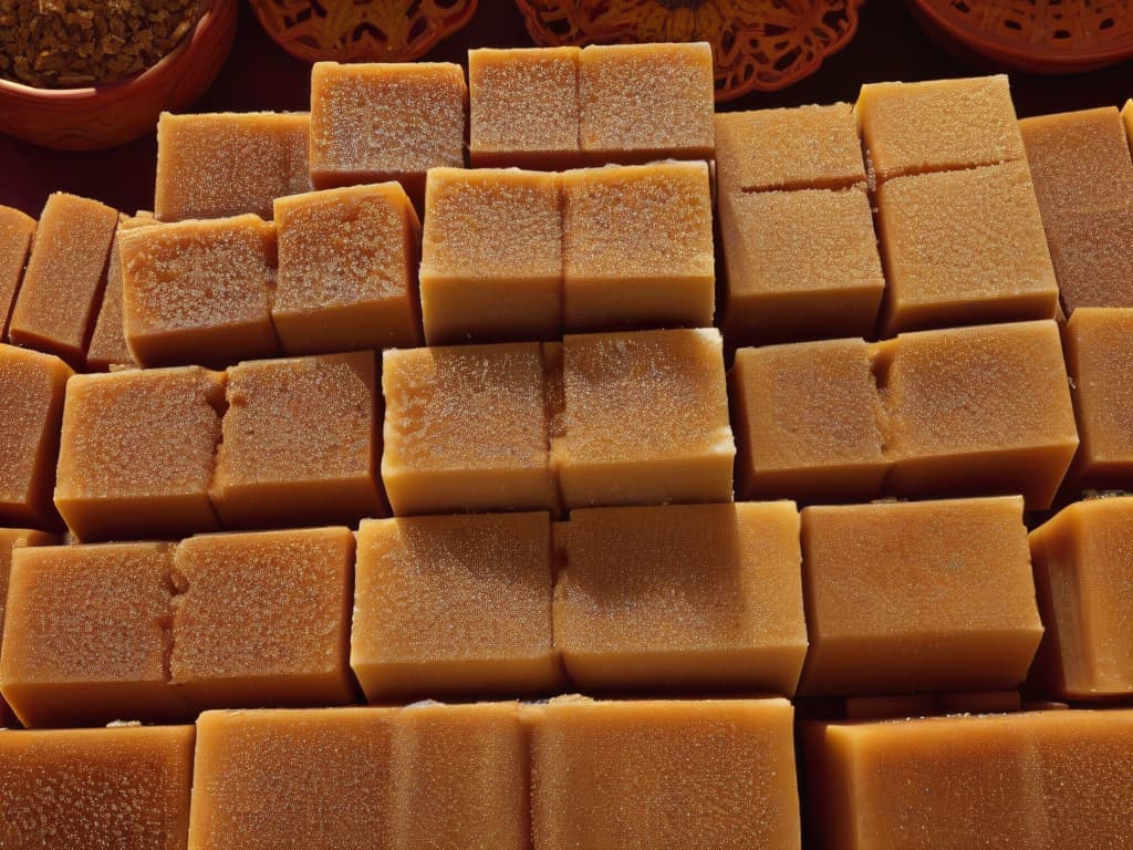  An ultradetailed closeup image of a stack of goldenhued jaggery blocks, showcasing their natural texture and crystallized edges in exquisite detail. The light hits the rough surface, highlighting the individual granules and imperfections, emphasizing the organic and unrefined nature of this exotic Indian sweetener. The warm tones and intricate patterns of the jaggery pieces create a visually captivating and minimalistic composition that perfectly complements the informative yet inspiring tone of the article on exotic sugars, inviting the reader to explore the world of unique ingredients. hyperrealistic, full body, detailed clothing, highly detailed, cinematic lighting, stunningly beautiful, intricate, sharp focus, f/1. 8, 85mm, (centered image composition), (professionally color graded), ((bright soft diffused light)), volumetric fog, trending on instagram, trending on tumblr, HDR 4K, 8K