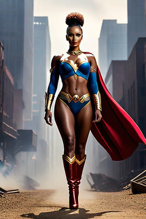  Women african super hero stood high, behind her, looking straight and busty hyperrealistic, full body, detailed clothing, highly detailed, cinematic lighting, stunningly beautiful, intricate, sharp focus, f/1. 8, 85mm, (centered image composition), (professionally color graded), ((bright soft diffused light)), volumetric fog, trending on instagram, trending on tumblr, HDR 4K, 8K