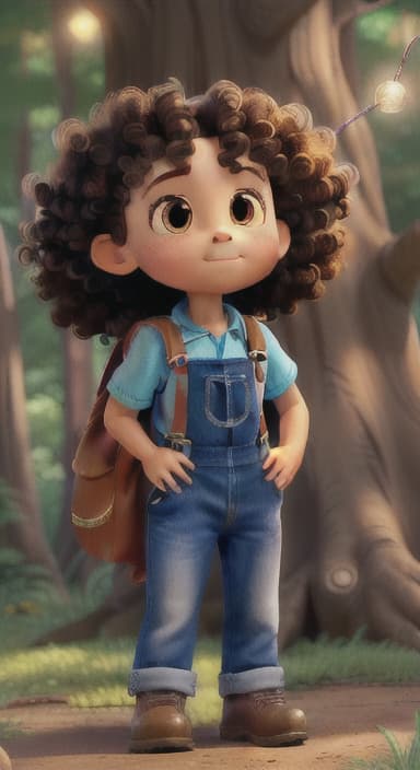  {The tree shining brightly and releasing a gentle, magical light., Riley, a curious with big brown eyes and curly hair, wearing overalls and carrying a small backpack. Their friend, Skye, a bluebird with shiny feathers.