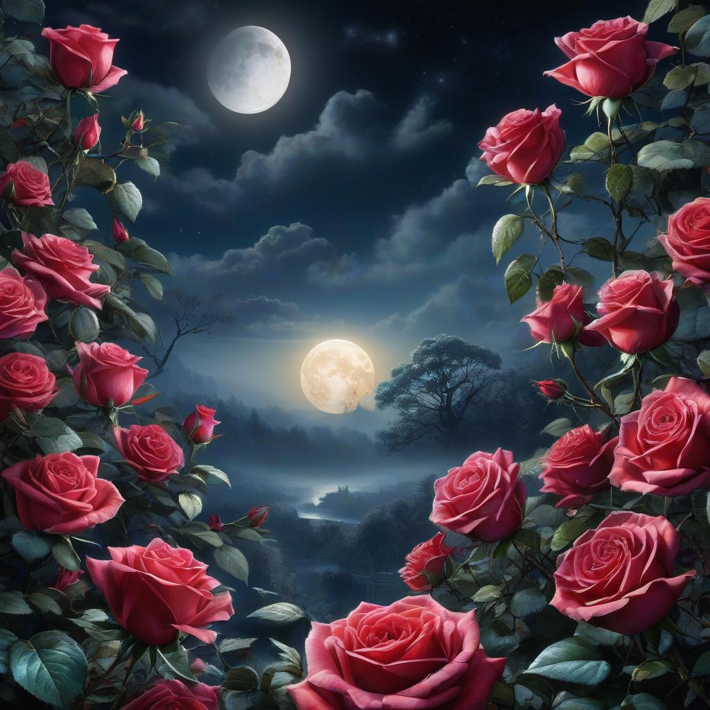  ornate roses on the background of a full moon, stunning visual effects, fantastic flowers and leaves, interconnected forms of human life, saturated colors, night walk, incredible visual effects, ornate, macro view, bright, saturated, beautiful deep colors, beautiful drawing, high detail,rim light, animated 3D graphics, stunning watercolor painting, hyperrealistic, full body, detailed clothing, highly detailed, cinematic lighting, stunningly beautiful, intricate, sharp focus, f/1. 8, 85mm, (centered image composition), (professionally color graded), ((bright soft diffused light)), volumetric fog, trending on instagram, trending on tumblr, HDR 4K, 8K