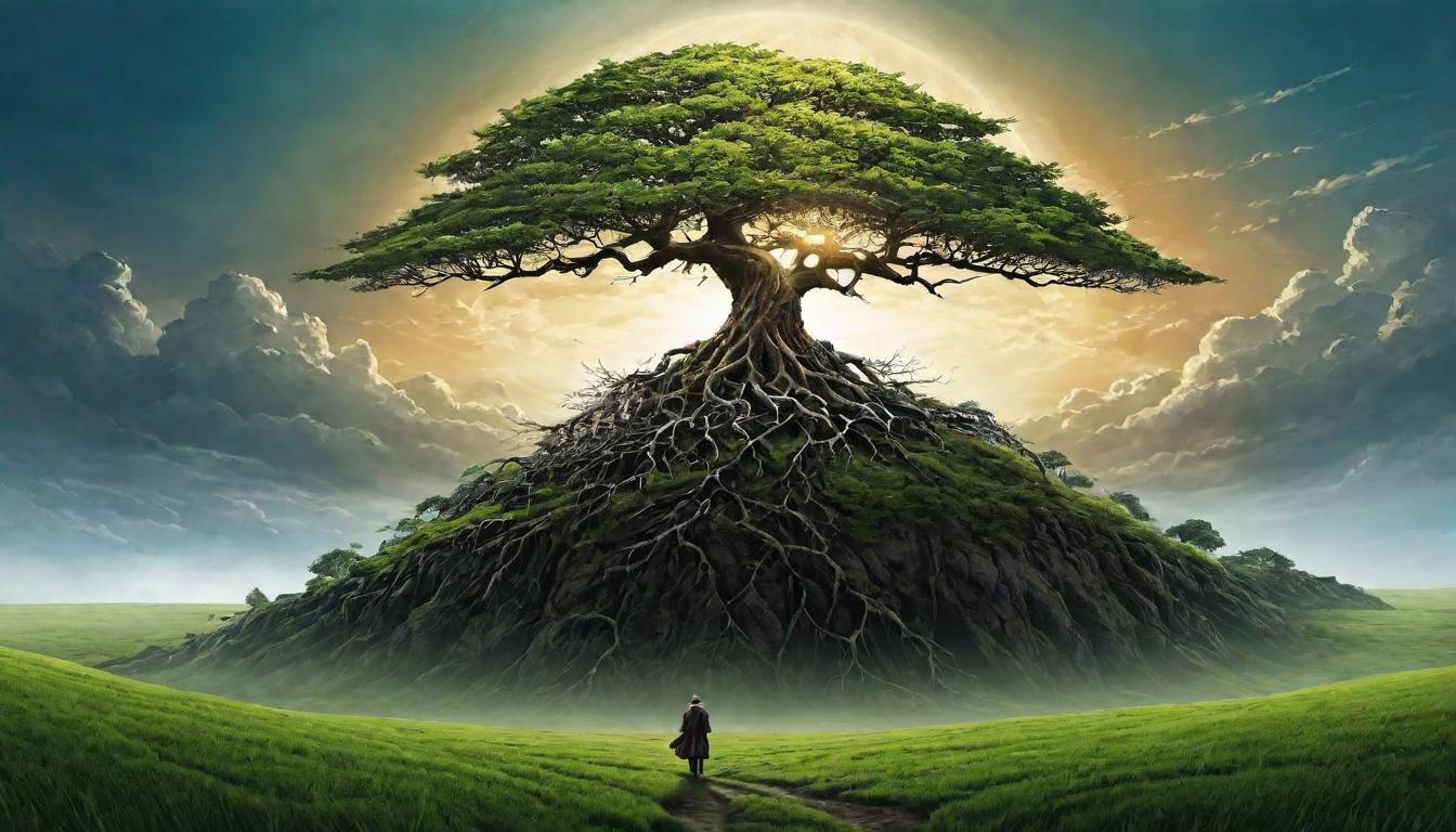  （surrealism)Person firmly planted on the ground in an open field, roots intertwined with earth, expansive sky, feeling of immovability, resilience, strength mystic, intricate details, best quality)