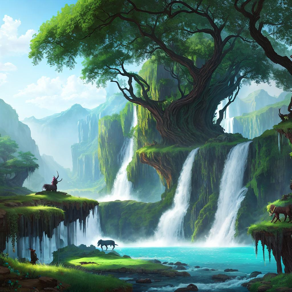  in a fantasy setting, Paint a surreal landscape where mythical beasts roam amidst cascading waterfalls.