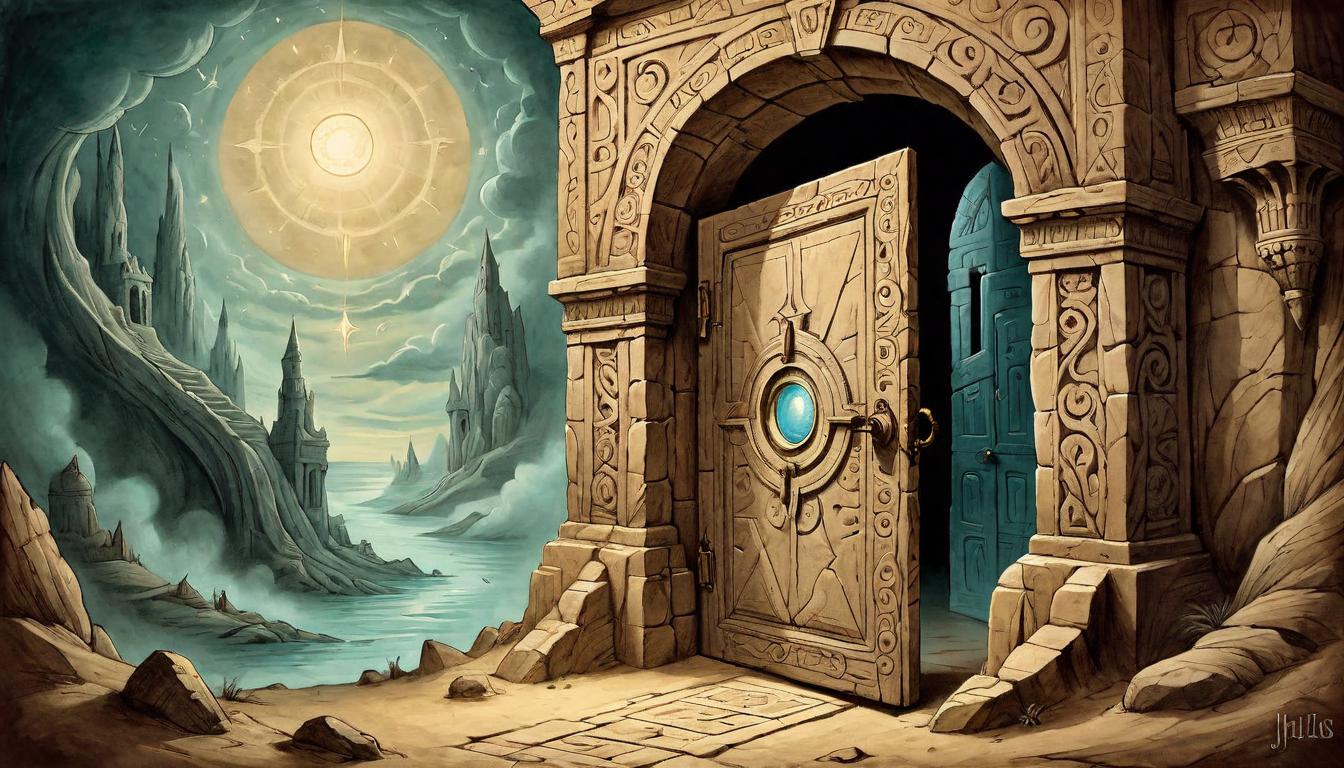  on parchment, surrealism+++, A hand carved, ancient door, half open to a chamber illuminated by an unseen light, inviting exploration, ancient, secretive, threshold to enlightenment(mysterious, provocative, symbolic,muted color)+++