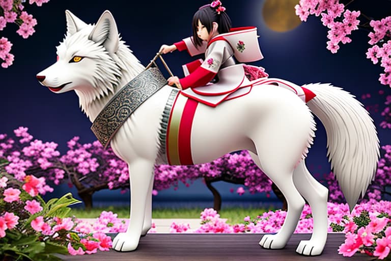  A nine tailed wolf male in form of a wolf in silver make it carying a human girl in a kimono on its back