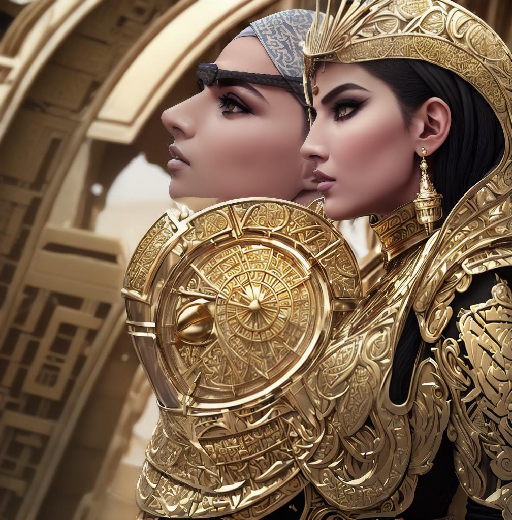  ((Side view:1.8)), ((masterpiece)),(((best quality))), ((futuristic empress, mature face, ((middle eastern eyes:1.4)), ((gold futuristic gown)), (((intricate futuristic breastplate))),