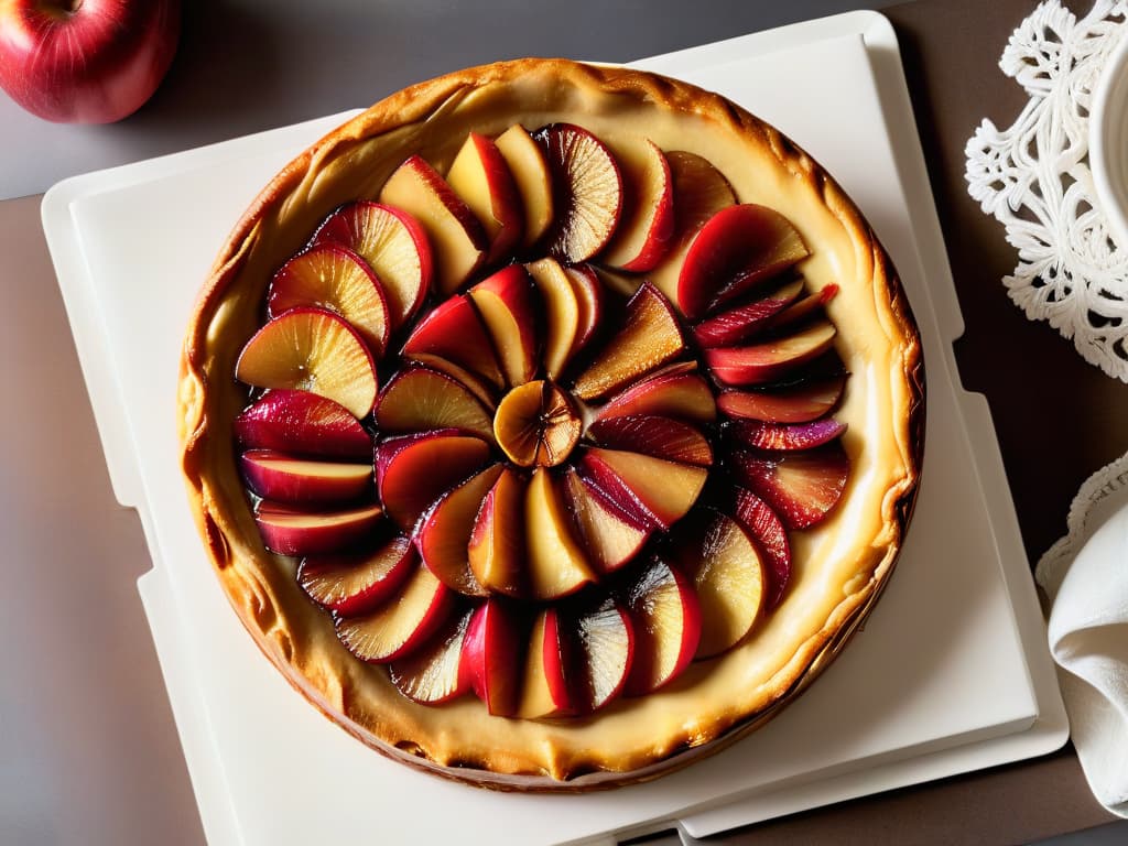  An ultrahigh resolution, 8K detailed image of a goldenbrown Tarte Tatin freshly baked, showcasing perfectly caramelized apples arranged in a beautiful symmetrical pattern on a buttery, flaky crust. The caramelized sugar glistens under soft lighting, with a subtle sheen reflecting off each apple slice, highlighting the intricate layers of the dessert. The image captures the essence of French culinary craftsmanship and elegance, inviting the viewer to indulge in the rich history and flavors of the iconic Tarte Tatin. hyperrealistic, full body, detailed clothing, highly detailed, cinematic lighting, stunningly beautiful, intricate, sharp focus, f/1. 8, 85mm, (centered image composition), (professionally color graded), ((bright soft diffused light)), volumetric fog, trending on instagram, trending on tumblr, HDR 4K, 8K