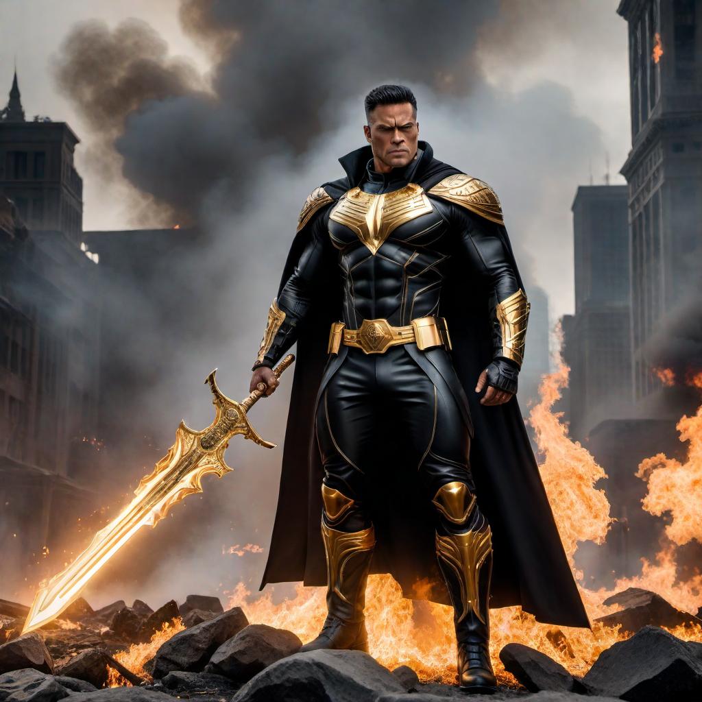  A muscular super villain dressed in an all-black suit with a golden sword, guns, and boots. He is emerging from fire and towering over defeated enemies lying on the ground. hyperrealistic, full body, detailed clothing, highly detailed, cinematic lighting, stunningly beautiful, intricate, sharp focus, f/1. 8, 85mm, (centered image composition), (professionally color graded), ((bright soft diffused light)), volumetric fog, trending on instagram, trending on tumblr, HDR 4K, 8K