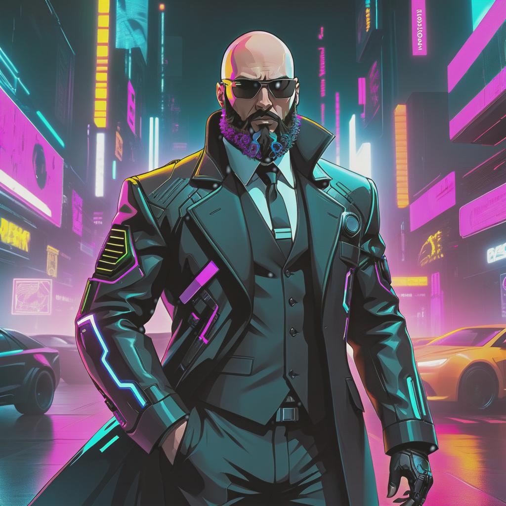  cyberpunk game style bald and bearded in a black suit . neon, dystopian, futuristic, digital, vibrant, detailed, high contrast, reminiscent of cyberpunk genre video games hyperrealistic, full body, detailed clothing, highly detailed, cinematic lighting, stunningly beautiful, intricate, sharp focus, f/1. 8, 85mm, (centered image composition), (professionally color graded), ((bright soft diffused light)), volumetric fog, trending on instagram, trending on tumblr, HDR 4K, 8K