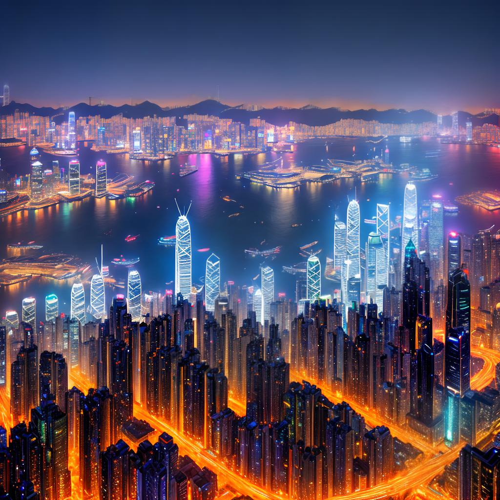  An extraordinary portrayal of the mesmerizing night view of Hong Kong's Victoria Harbour, presented in the highest quality and intricate details. This 8k masterpiece showcases the shimmering skyline, illuminated buildings, and vibrant colors reflecting on the calm waters. hyperrealistic, full body, detailed clothing, highly detailed, cinematic lighting, stunningly beautiful, intricate, sharp focus, f/1. 8, 85mm, (centered image composition), (professionally color graded), ((bright soft diffused light)), volumetric fog, trending on instagram, trending on tumblr, HDR 4K, 8K
