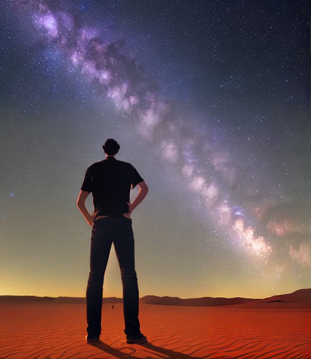  A man in the desert night staring at the galaxy in the sky