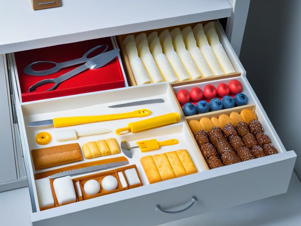  A minimalist, highresolution image of a sleek, organized kitchen drawer dedicated to storing various baking tools and utensils neatly arranged. The drawer features dividers for different items such as piping bags, pastry tips, spatulas, rolling pins, and cookie cutters, all meticulously organized and easily accessible. The tools gleam in the soft lighting, showcasing a professional and inspiring setup for creating impressive sugar sculptures. hyperrealistic, full body, detailed clothing, highly detailed, cinematic lighting, stunningly beautiful, intricate, sharp focus, f/1. 8, 85mm, (centered image composition), (professionally color graded), ((bright soft diffused light)), volumetric fog, trending on instagram, trending on tumblr, HDR 4K, 8K