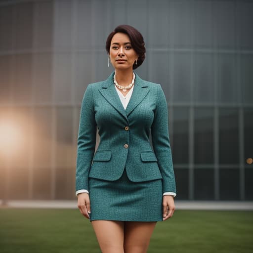  show image (In the image, Auntie Anne stands tall and dignified before her charges, dressed in a smart green tweed skirt suit that enhances her gentle yet authoritative demeanor. The girls wearing their summer dresses look small in comparison to her mature figure.) Auntie Anne : Sasha, step forward first. hyperrealistic, full body, detailed clothing, highly detailed, cinematic lighting, stunningly beautiful, intricate, sharp focus, f/1. 8, 85mm, (centered image composition), (professionally color graded), ((bright soft diffused light)), volumetric fog, trending on instagram, trending on tumblr, HDR 4K, 8K