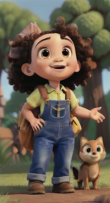  {Riley looking up at the tree with a big smile, animals surrounding them., Riley, a curious with big brown eyes and curly hair, wearing overalls and carrying a small backpack. Their friend, Skye, a bluebird with shiny feathers.