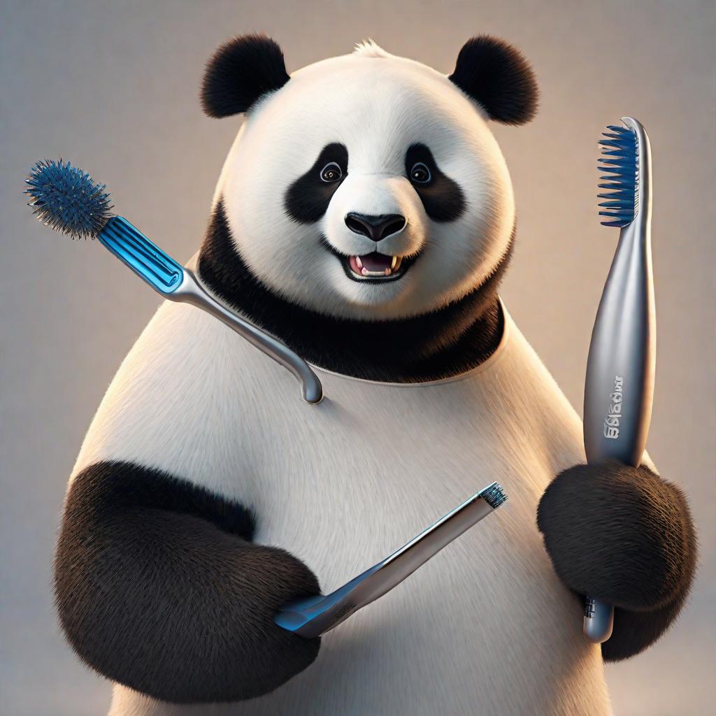  3d Character smiling fluffy panda with a big toothbrush on a white background in Pixar style hyperrealistic, full body, detailed clothing, highly detailed, cinematic lighting, stunningly beautiful, intricate, sharp focus, f/1. 8, 85mm, (centered image composition), (professionally color graded), ((bright soft diffused light)), volumetric fog, trending on instagram, trending on tumblr, HDR 4K, 8K