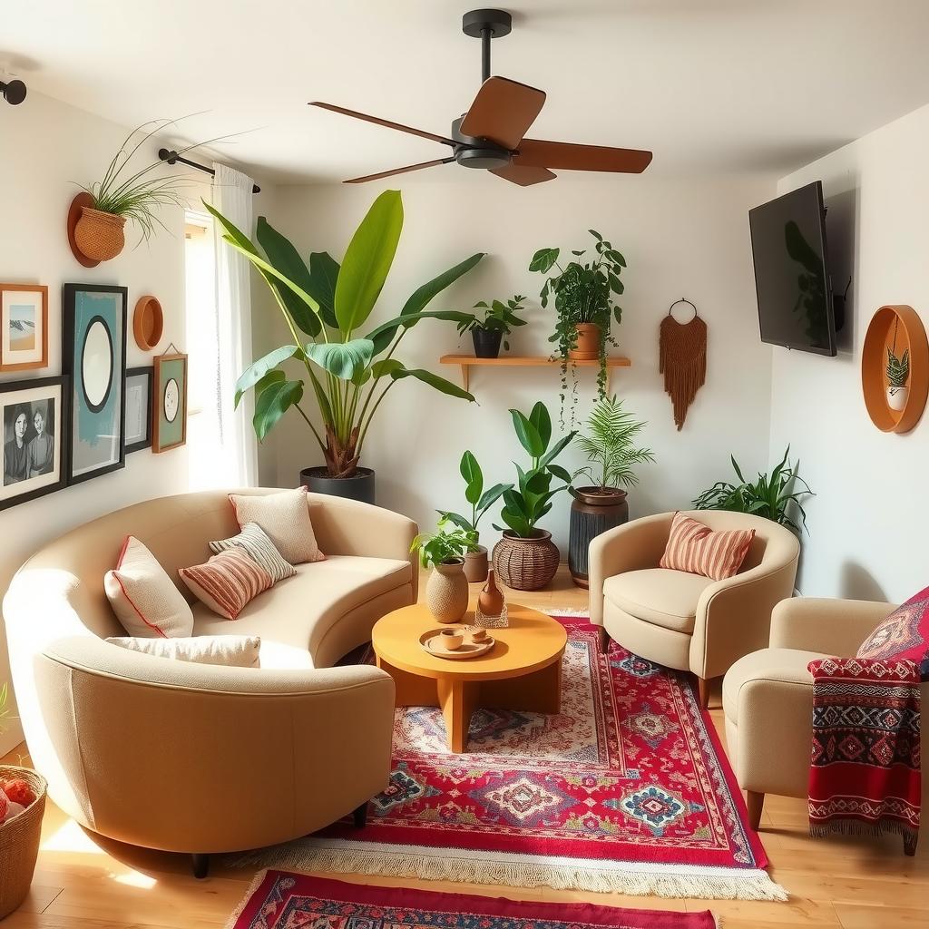  cozy boho living room featuring rounded furniture pieces such as a plush, curved sofa, soft circle coffee table, and rounded armchairs. the space includes layered rugs, vibrant textiles, and an abundance of plants to create a warm, inviting atmosphere. emphasize the softness and comfort of the curved shapes amidst a bohemian decor style.,