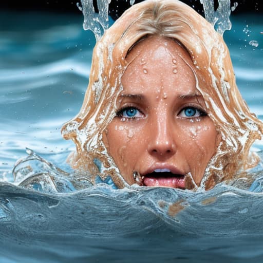  tanned blonde woman's face drowning in the water she's panic a lot of water waves and splashes around her