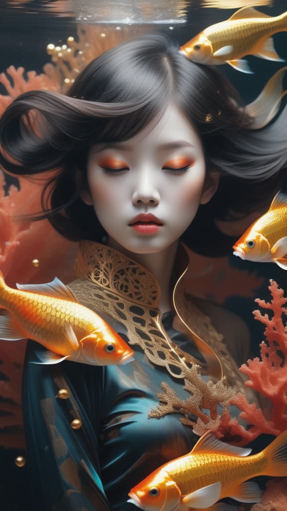  photo RAW, (Black, petrol and gold :  2 ghostly long tailed gold fish, brown woman, shiny aura, highly detailed, gold and coral filigree, intricate motifs, organic tracery, Januz Miralles, Hikari Shimoda, glowing stardust by W. Zelmer, perfect composition, smooth, sharp focus, sparkling particles, lively coral reef background Realistic, realism, hd, 35mm photograph, 8k), masterpiece, award winning photography, natural light, perfect composition, high detail, hyper realistic