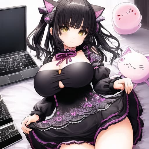  Cute neko chan. huge boobs. the dress is short. The twin. fine graphics, computer drawing. ultra-HD