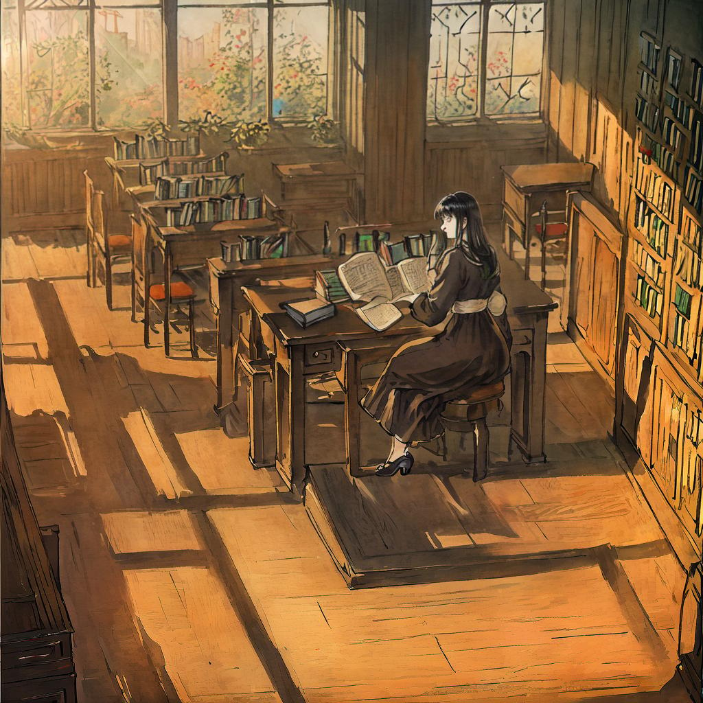  A masterpiece of extraordinary Stable Diffusion AI drawing assistant with an artistic flair, ensuring the best quality in an 8k, high detailed, ultra-detailed image. The main subject of the scene is a girl sitting in a classroom. The elements of the scene include a girl with black hair, studying attentively, surrounded by ((books and notebooks)), (a chalkboard) on the wall, ((sunlight streaming through the window)) creating a warm atmosphere, and ((wooden desks and chairs)) neatly arranged in rows. hyperrealistic, full body, detailed clothing, highly detailed, cinematic lighting, stunningly beautiful, intricate, sharp focus, f/1. 8, 85mm, (centered image composition), (professionally color graded), ((bright soft diffused light)), volumetric fog, trending on instagram, trending on tumblr, HDR 4K, 8K