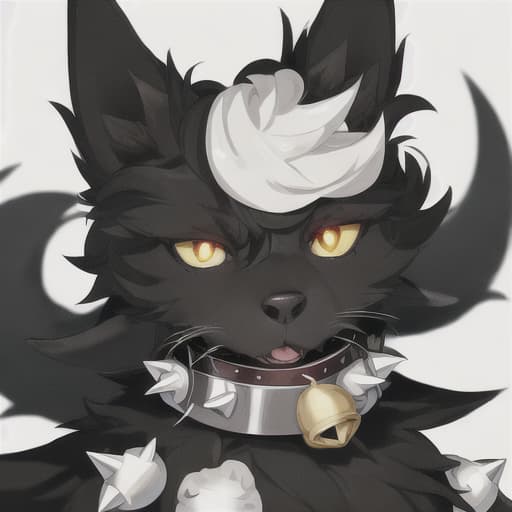  a furry with just black fur, 4 eyes, red pupils and yellow eyes, big ears and a spiked collar with a white bell on it