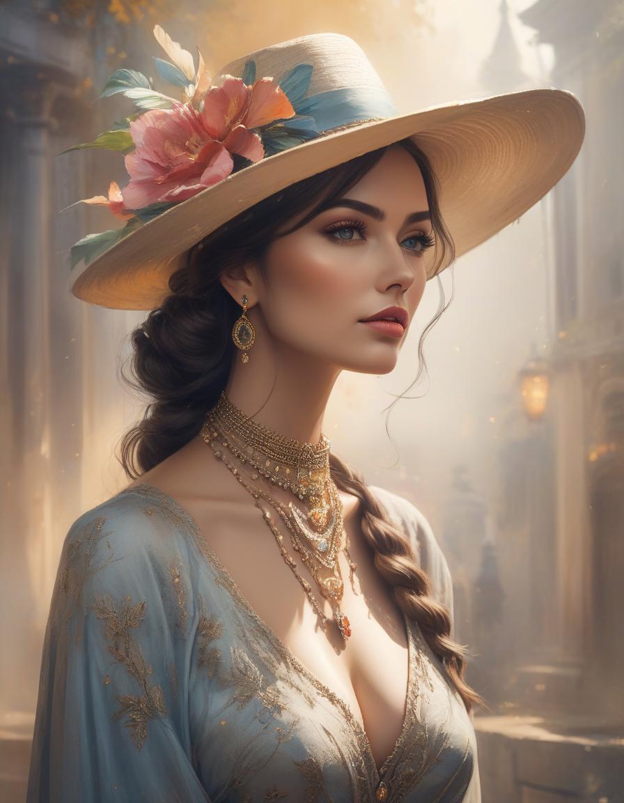  cinematic photo painting of a woman wearing a hat with a necklace, exquisite digital illustration, elegante pintura digital, linda pintura de persona gem, beautiful digital illustration, estilo de pintura digital, linda pintura digital, linda arte digital, no estilo aquarela, pintura linda, no art style by bowater, a beautiful art illustration, no estilo de aquarela digital, with ink blots and paint running down the screen . 35mm photograph, film, bokeh, professional, 4k, highly detailed hyperrealistic, full body, detailed clothing, highly detailed, cinematic lighting, stunningly beautiful, intricate, sharp focus, f/1. 8, 85mm, (centered image composition), (professionally color graded), ((bright soft diffused light)), volumetric fog, trending on instagram, trending on tumblr, HDR 4K, 8K