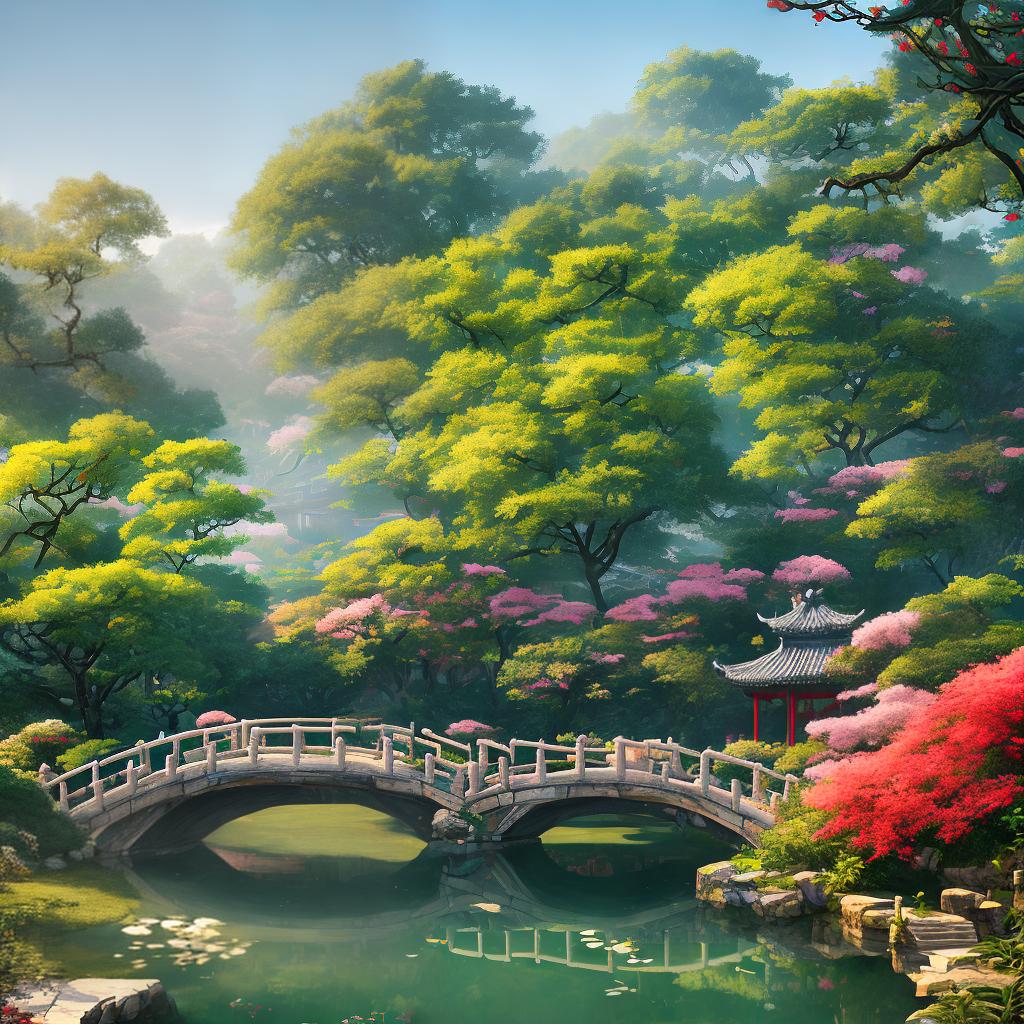  Capture the essence of Wu Guanzhong's landscape style in this 8k resolution, best quality artwork showcasing a picturesque Suzhou garden landscape with a small bridge, ((evoking a sense of antiquity)) hyperrealistic, full body, detailed clothing, highly detailed, cinematic lighting, stunningly beautiful, intricate, sharp focus, f/1. 8, 85mm, (centered image composition), (professionally color graded), ((bright soft diffused light)), volumetric fog, trending on instagram, trending on tumblr, HDR 4K, 8K