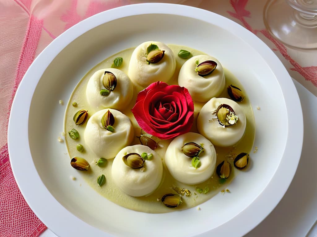  An ultradetailed closeup image of a traditional Indian dessert called "Rasmalai", showcasing soft white cheese dumplings soaked in sweet, saffroninfused milk, garnished with crushed pistachios and edible rose petals, served on a delicate saffroncolored plate with a silver spoon beside it. The focus is on the intricate textures of the dessert, highlighting the creamy richness and vibrant colors, with a soft background that enhances the minimalistic feel of the image. hyperrealistic, full body, detailed clothing, highly detailed, cinematic lighting, stunningly beautiful, intricate, sharp focus, f/1. 8, 85mm, (centered image composition), (professionally color graded), ((bright soft diffused light)), volumetric fog, trending on instagram, trending on tumblr, HDR 4K, 8K