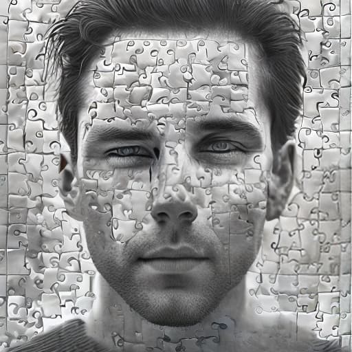 dublex style A4 paper, partly b&w, man wearing glasses, man built from medium sized contrasted puzzle pieces, several missing puzzle pieces, nature background