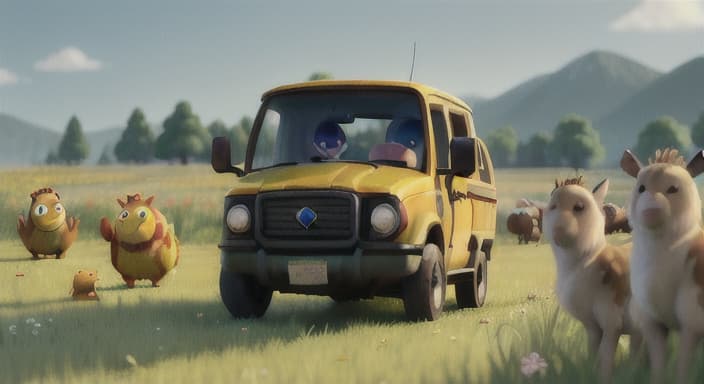  {Jake honking his horn loudly to alert his animal friends in the meadow., Jake's headlights blinked rapidly in urgency.