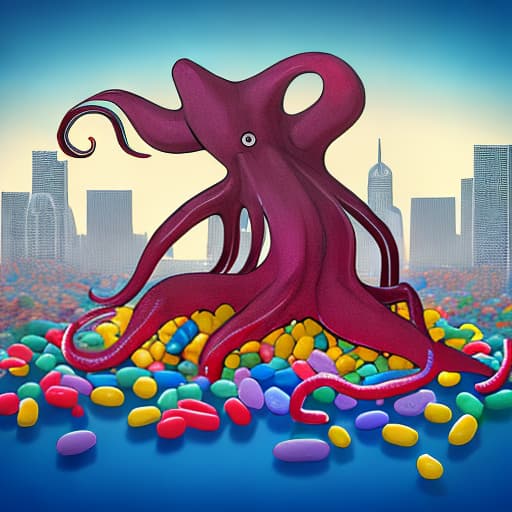  A digital art piece of a giant octopus made of jelly beans, attacking a city skyline