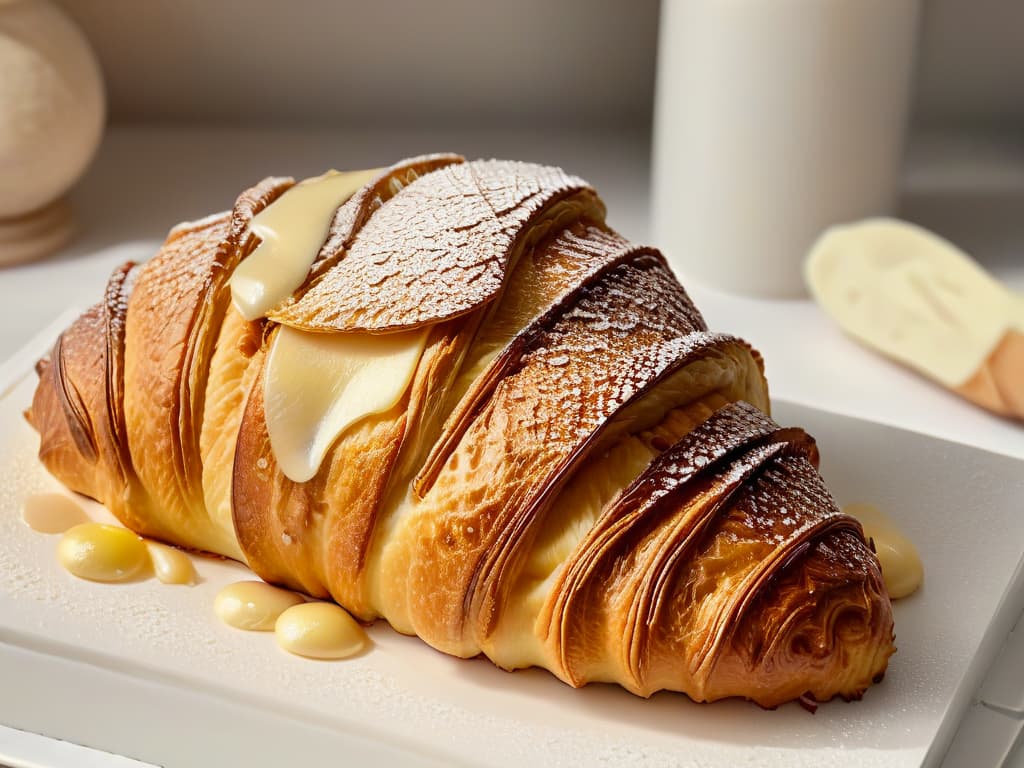  An ultradetailed closeup image of a freshly baked almond croissant on a sleek, modern white plate, showcasing its flaky golden crust and delicate almond filling. The warm, buttery aroma wafts off the pastry, with tiny specks of almond scattered on top, glistening under soft, natural lighting. The background is softly blurred, emphasizing the intricate layers of the croissant and inviting the viewer to savor the rich, nutty essence of almond in pastry form. hyperrealistic, full body, detailed clothing, highly detailed, cinematic lighting, stunningly beautiful, intricate, sharp focus, f/1. 8, 85mm, (centered image composition), (professionally color graded), ((bright soft diffused light)), volumetric fog, trending on instagram, trending on tumblr, HDR 4K, 8K