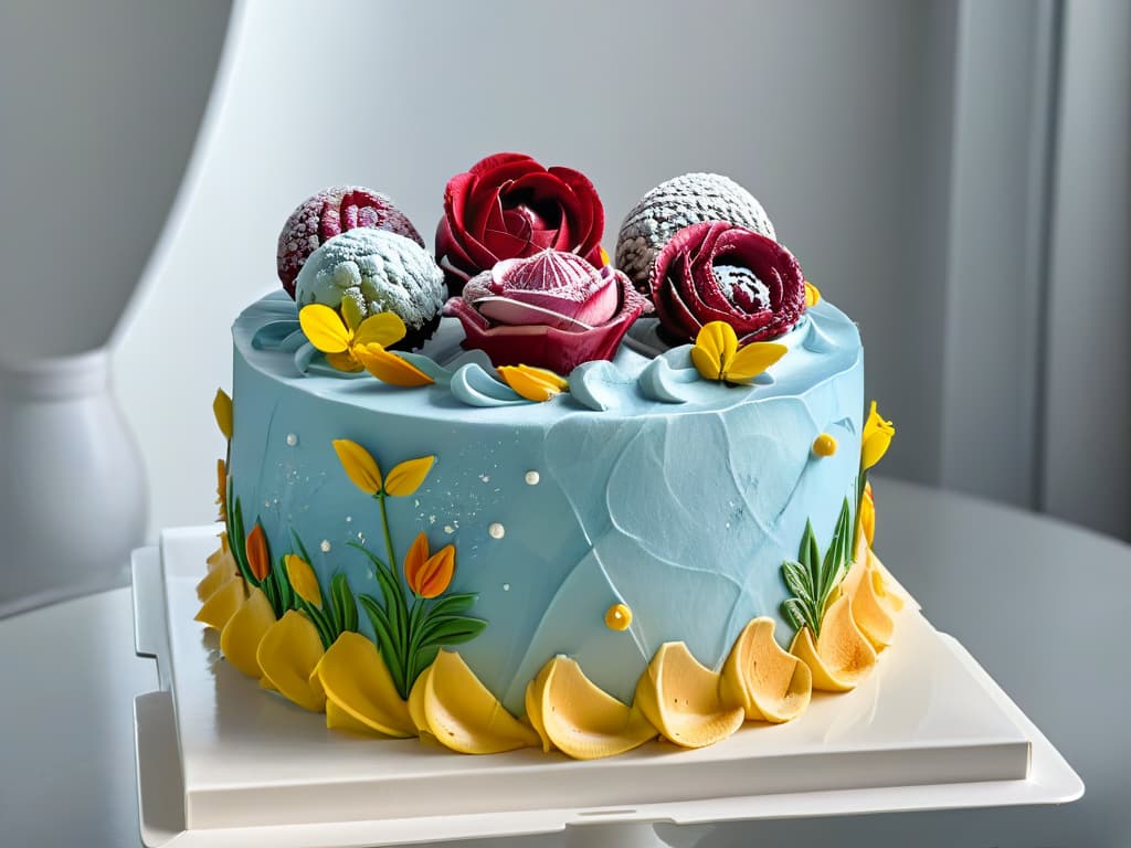  An ultradetailed image of a skilled pastry chef's hand expertly piping intricate floral designs onto a beautifully decorated cake using various types of frosting tips. The chef's hand is steady, showcasing precision and artistry in the delicate motion of creating decorative patterns on the cake's surface. The vibrant colors of the frosting stand out against the smooth, perfectly iced cake, highlighting the mastery and creativity involved in the art of cake decorating. The image captures the essence of professional pastry craftsmanship and serves as an inspiring visual representation of mastering the art of frosting decoration. hyperrealistic, full body, detailed clothing, highly detailed, cinematic lighting, stunningly beautiful, intricate, sharp focus, f/1. 8, 85mm, (centered image composition), (professionally color graded), ((bright soft diffused light)), volumetric fog, trending on instagram, trending on tumblr, HDR 4K, 8K