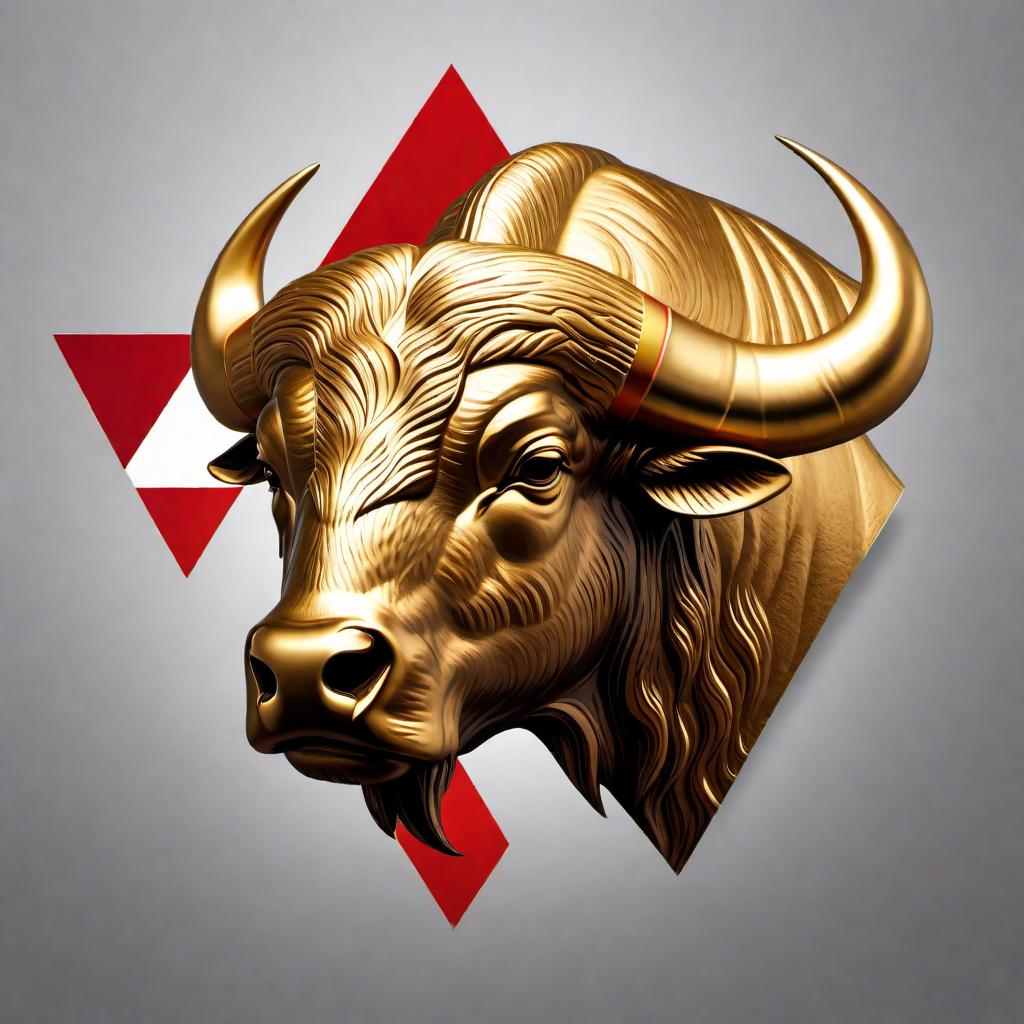  Create an image of a gold buffalo with a red triangle, designed to be used as a company logo. The buffalo should be stylized and modern, looking powerful and forward-moving. The red triangle should be placed behind or incorporated into the design in a way that complements the gold buffalo and signifies strength, stability, and prestige. hyperrealistic, full body, detailed clothing, highly detailed, cinematic lighting, stunningly beautiful, intricate, sharp focus, f/1. 8, 85mm, (centered image composition), (professionally color graded), ((bright soft diffused light)), volumetric fog, trending on instagram, trending on tumblr, HDR 4K, 8K