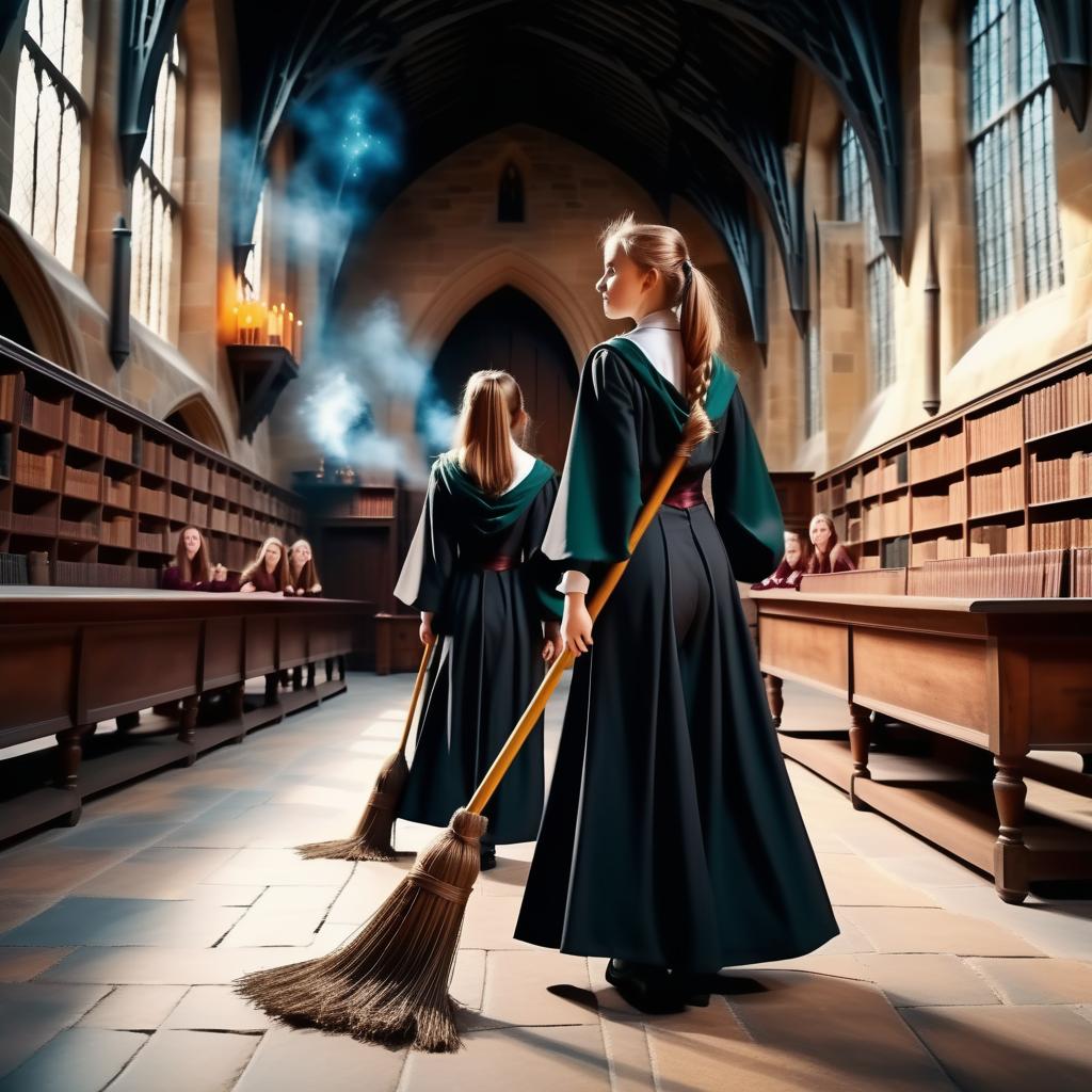  Girls in the Hogwarts gowns can be seen hips. A magical broomstick extends from trousers. Real photo. Natural spectator's realism. A wide camera shoots a panoramic photo.