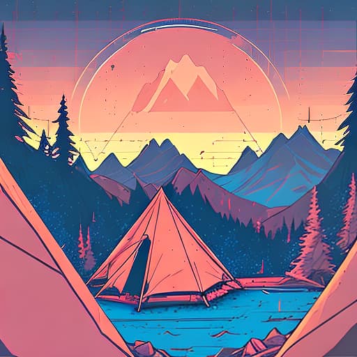 nvinkpunk Whimsical mountains with trees, camping tent and fire