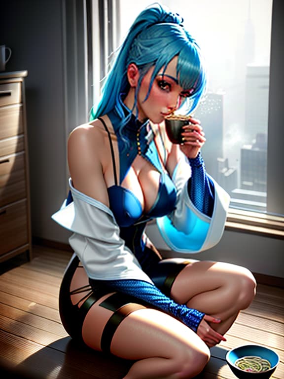  A slim with blue hair and small s, sitting on the floor and eating ramen. hyperrealistic, full body, detailed clothing, highly detailed, cinematic lighting, stunningly beautiful, intricate, sharp focus, f/1. 8, 85mm, (centered image composition), (professionally color graded), ((bright soft diffused light)), volumetric fog, trending on instagram, trending on tumblr, HDR 4K, 8K