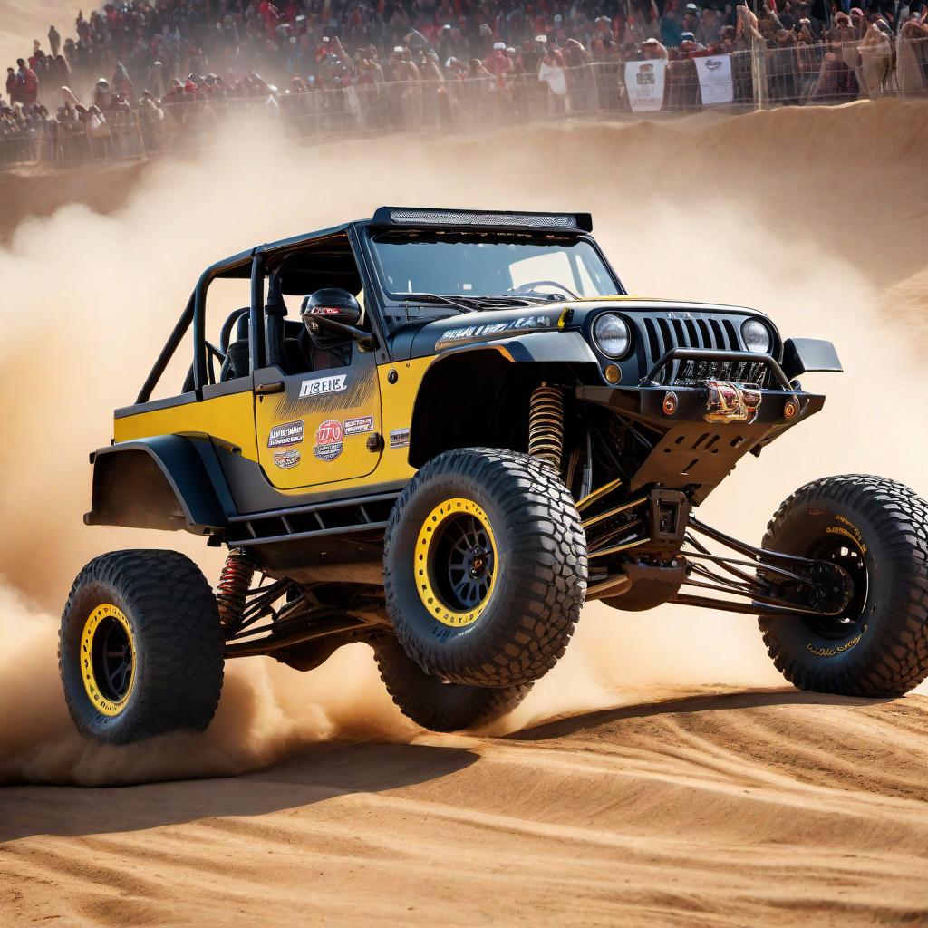  an Ultra 4 car with a CJ7 grill, featuring a black body and light yellow grill. The car is depicted crossing the finish line, triumphantly winning the King of the Hammers race, kicking up dust with a crowd cheering in the background and a checkered flag being waved to signify its victory. hyperrealistic, full body, detailed clothing, highly detailed, cinematic lighting, stunningly beautiful, intricate, sharp focus, f/1. 8, 85mm, (centered image composition), (professionally color graded), ((bright soft diffused light)), volumetric fog, trending on instagram, trending on tumblr, HDR 4K, 8K